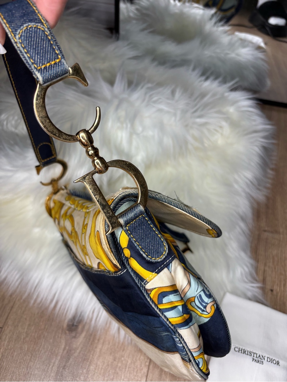 💙 RARE✨ Dior Blue Saddle Satin Chain Print Bag - Picture 11 of 17